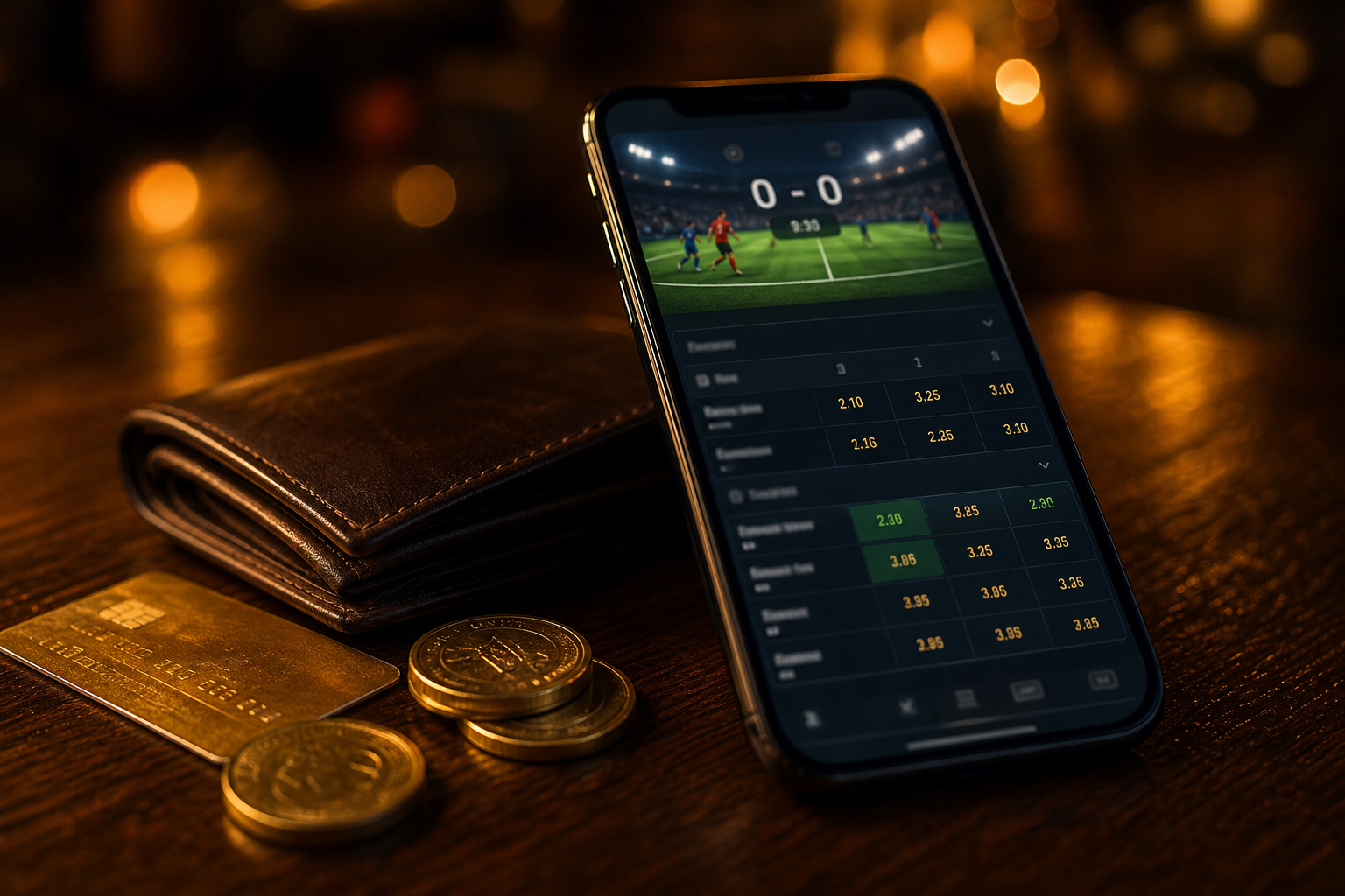 Móvil con apuestas deportivas junto a tarjeta y monedas