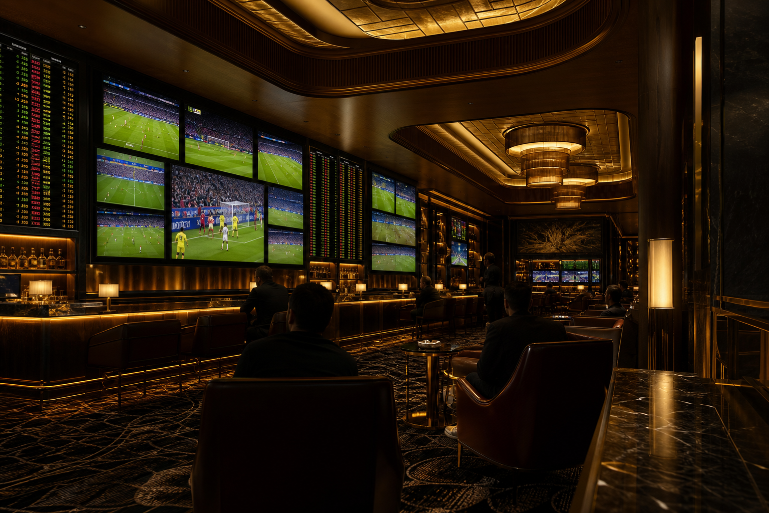 Sala de apuestas internacionales con pantallas de deportes en vivo