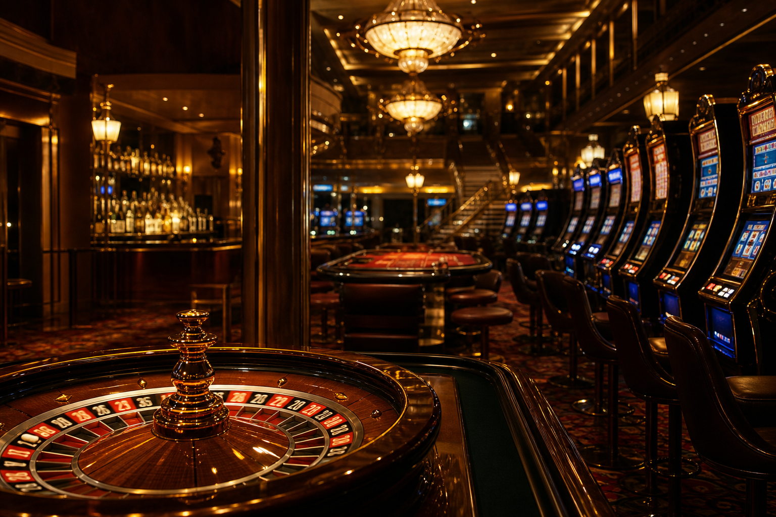 Sala de casino internacional con ruleta y máquinas tragamonedas